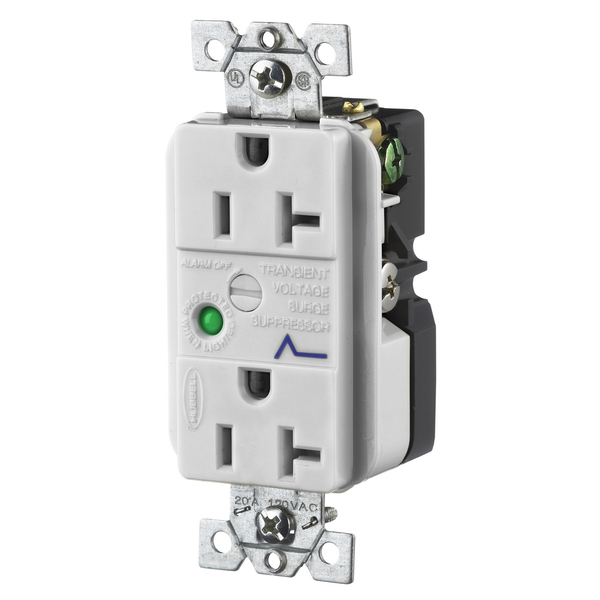 Hubbell Wiring Device-Kellems Surge Protective Devices, SPIKESHIELD TVSS Duplex Receptacle with Light, 20A 125V, 5-20R, Office White HBL5360OWSA